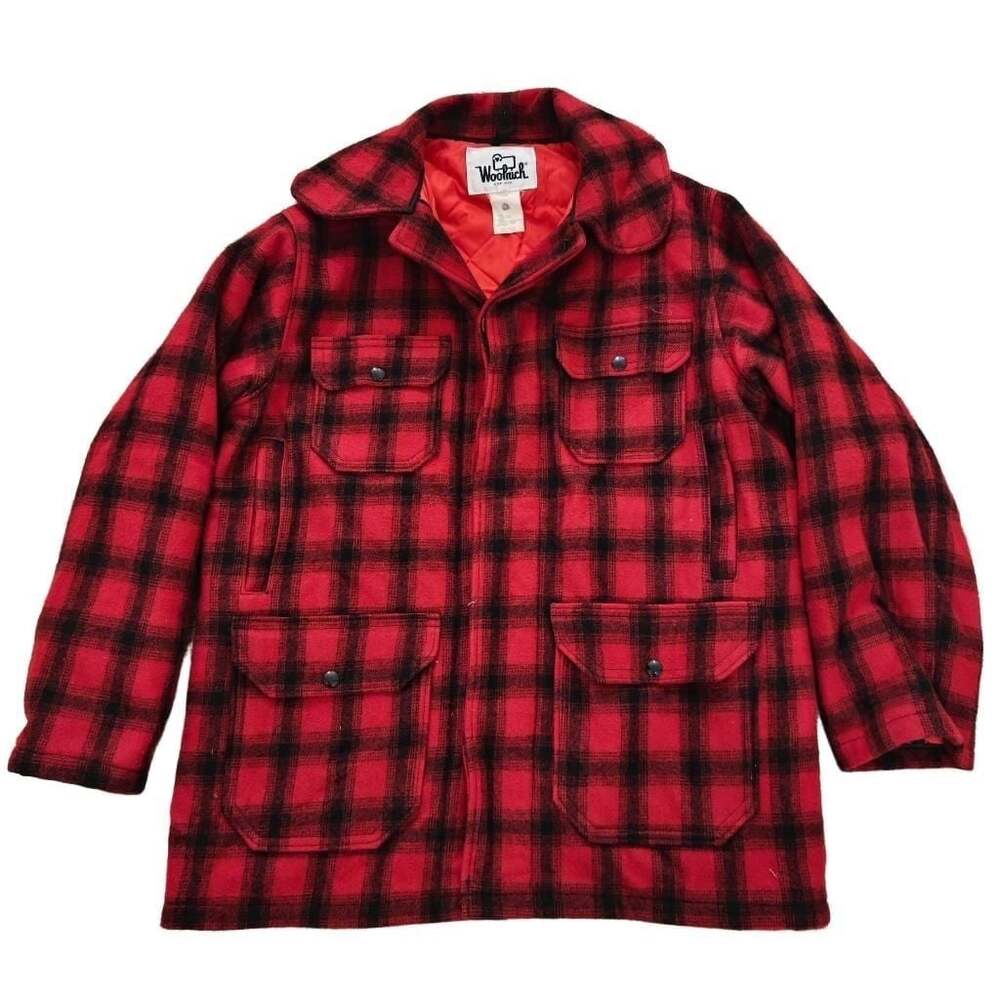 Vtg Woolrich 523 Mackinaw Red Black Buffalo Plaid Wool Quilt Hunting Coat Sz 42